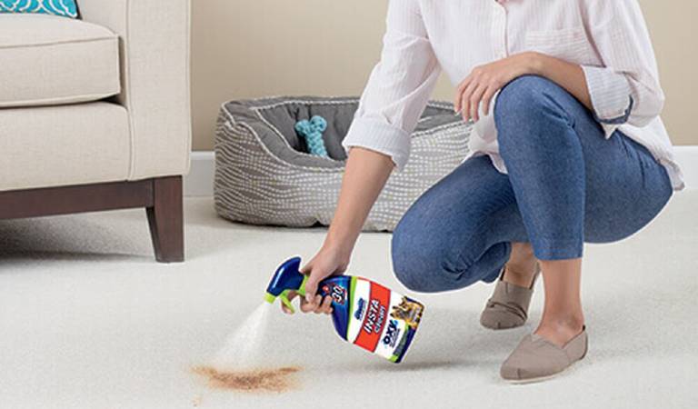 Woman in white shirt and blue jeans spraying on stain on the carpet