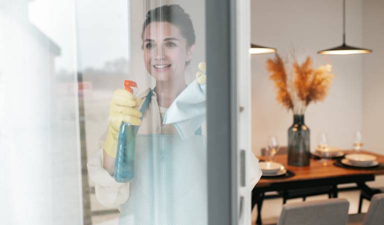 Woman in yellow gloves holding a bottle in her hand and cleaning her window