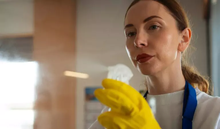young woman with a cleaning spray ready to clean her house