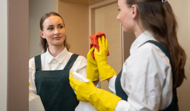 Professional cleaner in uniform cleaning mirror with a red cloth.