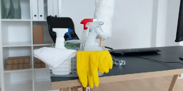Cleaning equipment like bottle, gloves cloth on a office table
