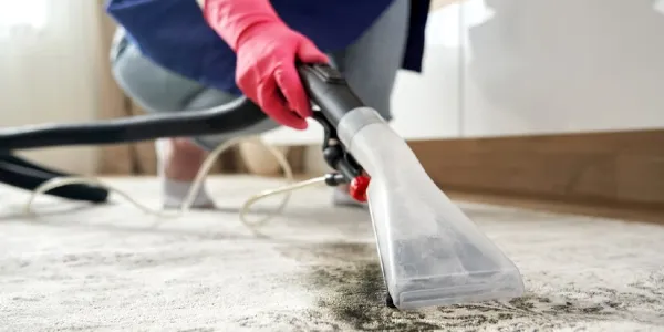 Lady is cleaning carpet with the help of vacuum cleaner.