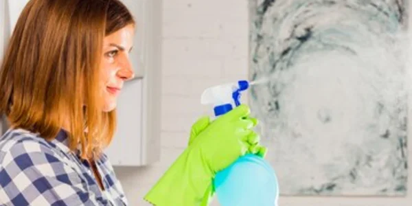 A lady in check shirt and green gloves holding a bottle in her hand.