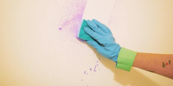 Cropped hand of woman cleaning wall