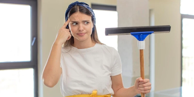A lady in white top holding a mop in her hand