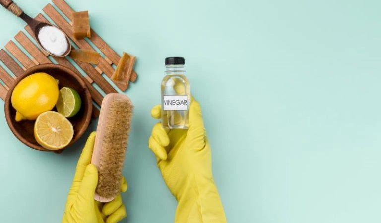 Top view eco cleaning products copy space