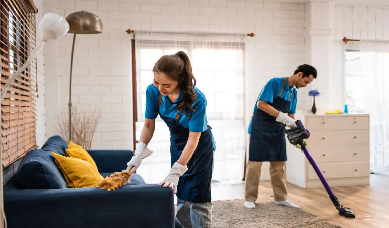 Young man and woman cleaning in living room
