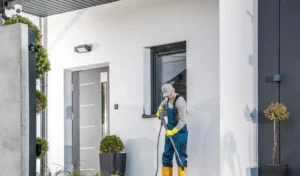 Man cleaning his house surrounding using pressure washing machine