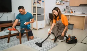 Happy asian couple cleaning their living room together