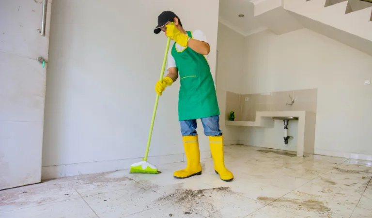Male janitor clean floor with broom in dirty house