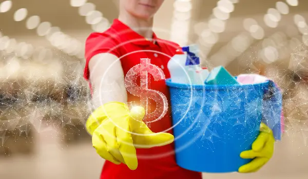 A cleaning service lady clicks on a dollar hologram on a blurred background